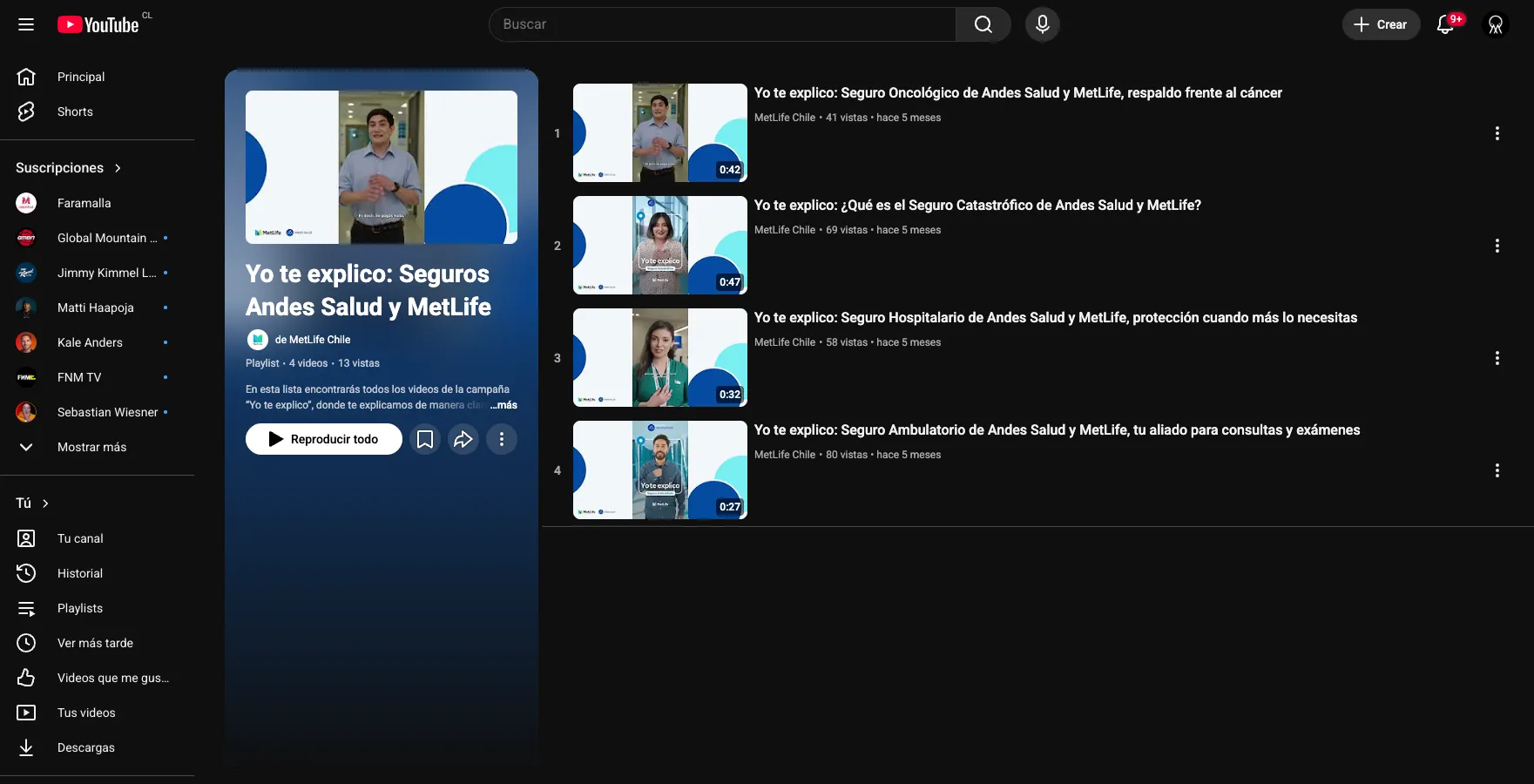 Playlist "Yo te explico" en el canal oficial de YouTube de MetLife Chile